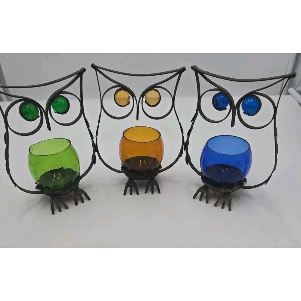 3 Metal Owl Tealight Votive Candle Holder w/Glass Candle Holder Farmhouse